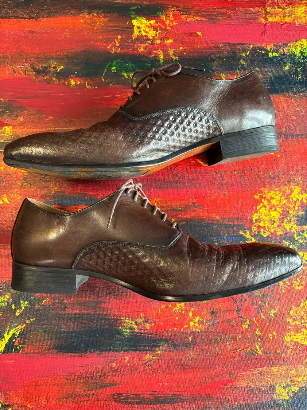 Felix Chu Men's Brown Leather Lace-Up Geometric Hexagon Embossed Oxfords F87-76